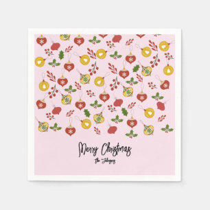 クリスマスオーナメントフェスティバルグリーンリーピンク スタンダードカクテルナプキン