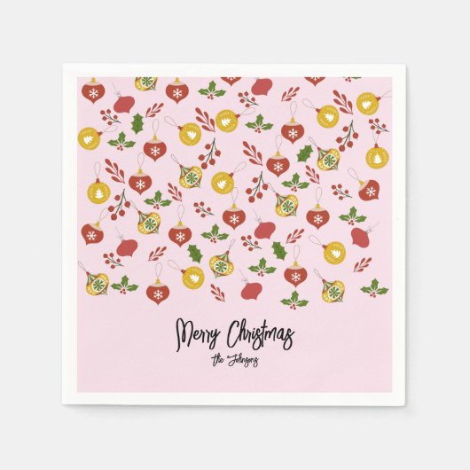 クリスマスオーナメントフェスティバルグリーンリーピンク スタンダードカクテルナプキン (正面)