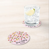 クリスマスオーナメントフェスティバルグリーンリーピンク ラウンドペーパーコースター (インサイチュ)