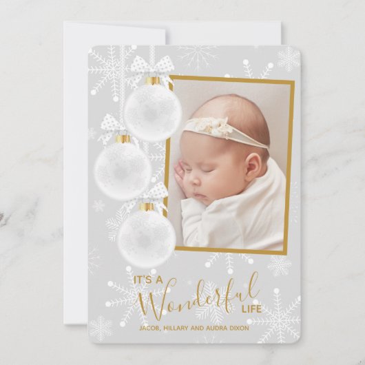 クリスマスオーナメントフォトベビーの誕生発表 シーズンカード (正面)