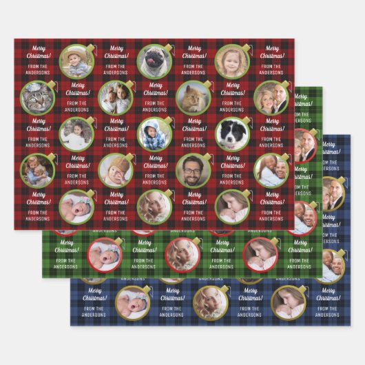クリスマスオーナメントプレイドカスタム文字フォトコラージュ ラッピングペーパーシート (セット)