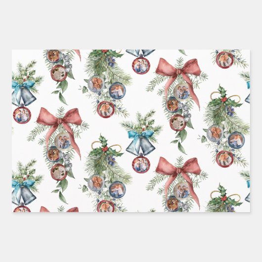 クリスマスオーナメントホリデーフォトコラージュ ラッピングペーパーシート (正面)