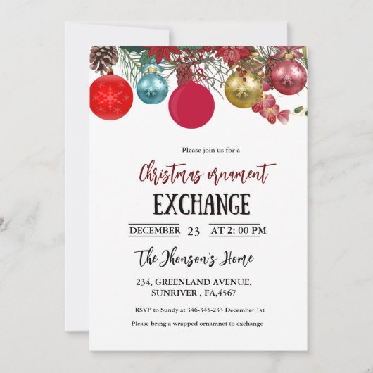 クリスマスオーナメント交換パーティの招待状 案内状 (正面)