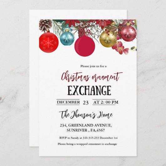 クリスマスオーナメント交換パーティの招待状 案内状 (正面/裏面)