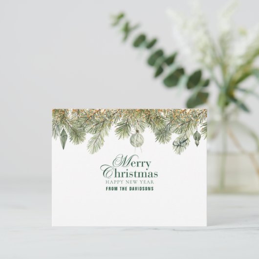クリスマスオーナメント付きグリーンパイン枝 ポストカード (スタンド正面)