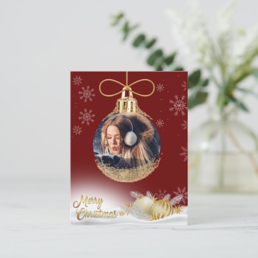 クリスマスオーナメント写真スノーフレークモダン予算 シーズンポストカード (スタンド正面)