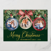 クリスマスオーナメント家族の写真グリーン金ゴールド 箔シーズンカード (正面)