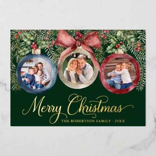クリスマスオーナメント家族の写真グリーン金ゴールド 箔シーズンカード (正面)