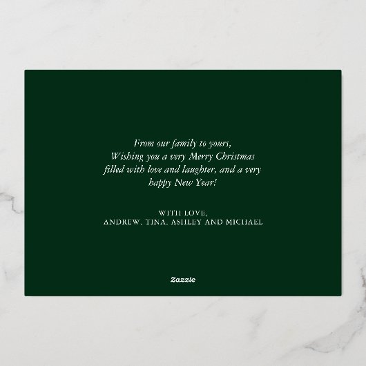 クリスマスオーナメント家族の写真グリーン金ゴールド 箔シーズンカード (裏面)