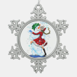 クリスマスオーナメント雪だるまとガールダンス スノーフレークピューターオーナメント