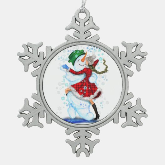クリスマスオーナメント雪だるまとガールダンス スノーフレークピューターオーナメント (正面)