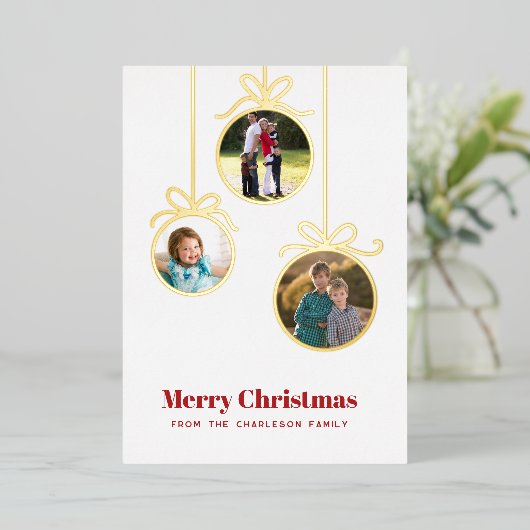 クリスマスオーナメント3枚の写真 箔シーズンカード (立ち正面)