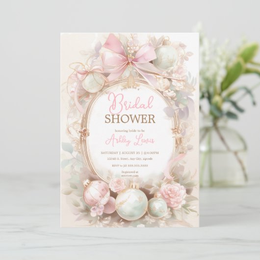 クリスマスオーナメント、ウィンターピンクブライダルシャワー 招待状 (スタンド正面)