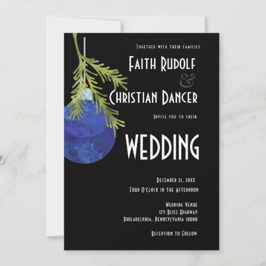 クリスマスオーナメント ブルー モダン ウェディング 案内状 (正面)