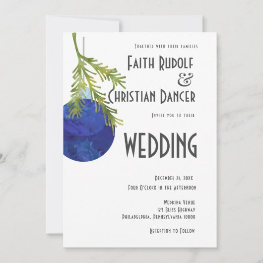 クリスマスオーナメント ブルー モダン ウェディング 案内状 (正面)