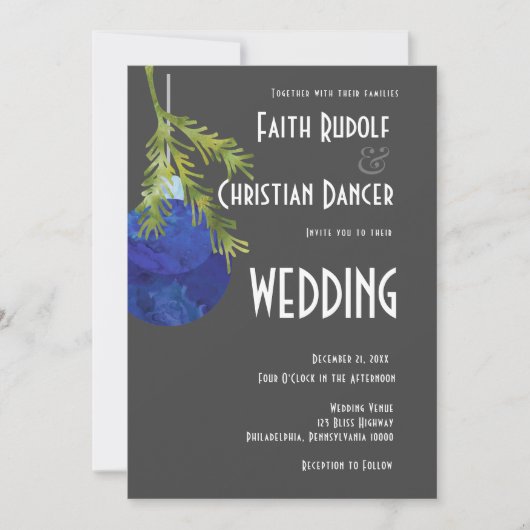 クリスマスオーナメント ブルー モダン ウェディング 案内状 (正面)