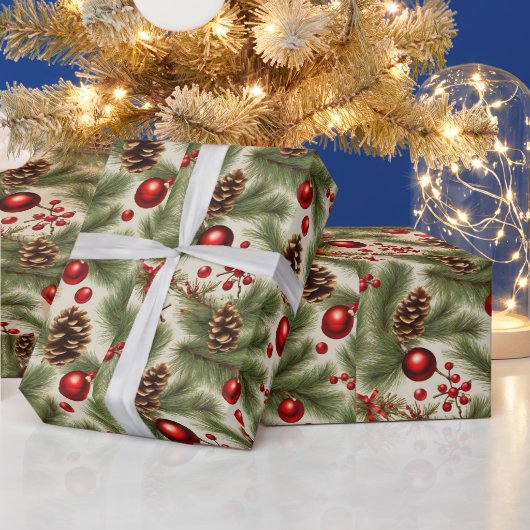 クリスマスオーナメント、松の実、松の枝 ラッピングペーパー (クリスマス)