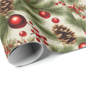 クリスマスオーナメント、松の実、松の枝 ラッピングペーパー (ロールコーナー)