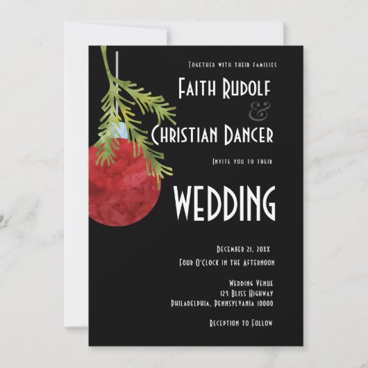 クリスマスオーナメント 赤 モダン ウェディング 案内状 (正面)