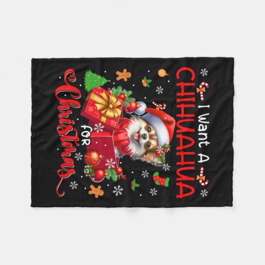 クリスマスオーナーのサンタドッグにチワワが欲しい フリースブランケット (正面(横))