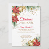 クリスマスオープンハウスパーティーレッドポインセチア金ゴールド 招待状 (正面)