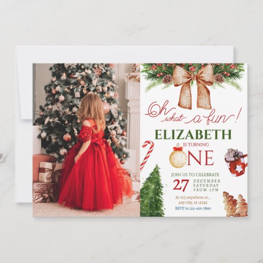 クリスマスオーーおもしろい最初の誕生日写真 招待状 (正面)