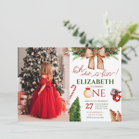 クリスマスオーーおもしろい最初の誕生日写真 招待状 (スタンド正面)