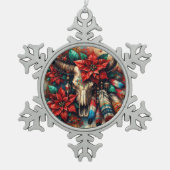 クリスマスカウブルスカルポインセティアスフェザー スノーフレークピューターオーナメント (正面)