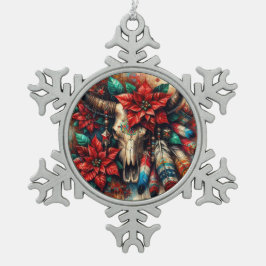 クリスマスカウブルスカルポインセティアスフェザー スノーフレークピューターオーナメント