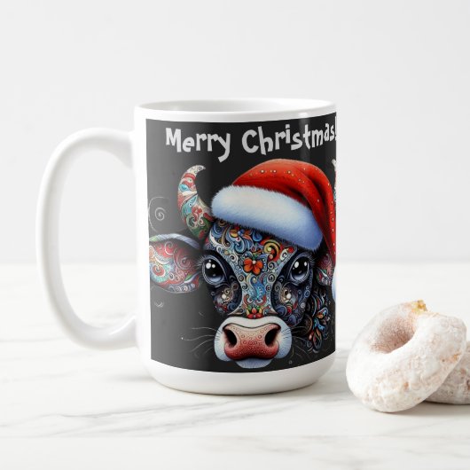 クリスマスカウブルw/サンタハットメキシコフォークアート コーヒーマグカップ (ドーナツ)