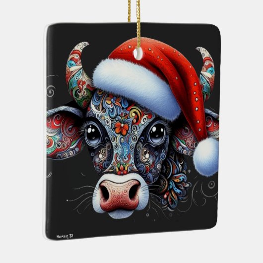 クリスマスカウブルw/サンタハットメキシコフォークアート セラミックオーナメント (右)