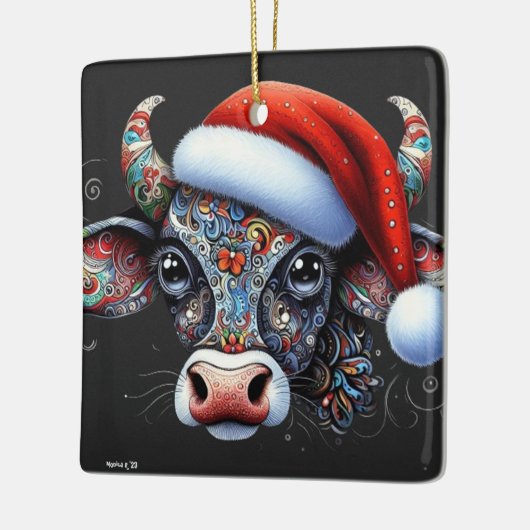 クリスマスカウブルw/サンタハットメキシコフォークアート セラミックオーナメント (左)