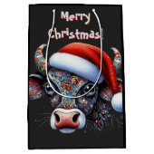 クリスマスカウブルw/サンタハットメキシコフォークアート ミディアムペーパーバッグ (正面)
