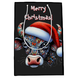 クリスマスカウブルw/サンタハットメキシコフォークアート ミディアムペーパーバッグ