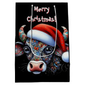 クリスマスカウブルw/サンタハットメキシコフォークアート ミディアムペーパーバッグ (裏面)