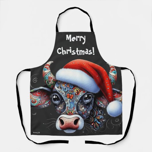 クリスマスカウブルw/サンタハットレッドフローラブラック エプロン (正面)