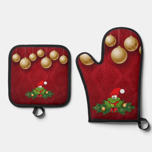 クリスマスカエル 鍋つかみ&鍋敷きセット (正面)
