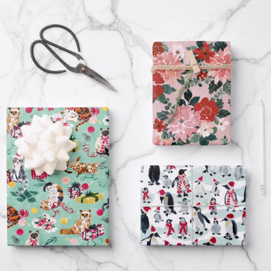 クリスマスカオスバンドルネコ、ペンギン、ポインセチア ラッピングペーパーシート (正面)