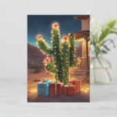 クリスマスカクタスとプレゼントが家の前に シーズンカード (スタンド正面)