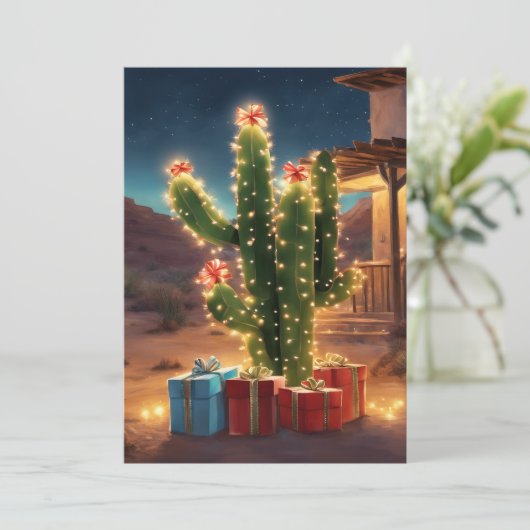 クリスマスカクタスの前でプレゼントを飾った家のイラスト シーズンカード (スタンド正面)