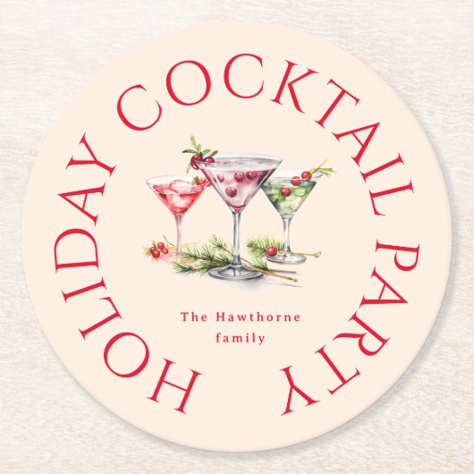 クリスマスカクテルのエレガントパーティー ラウンドペーパーコースター (正面)