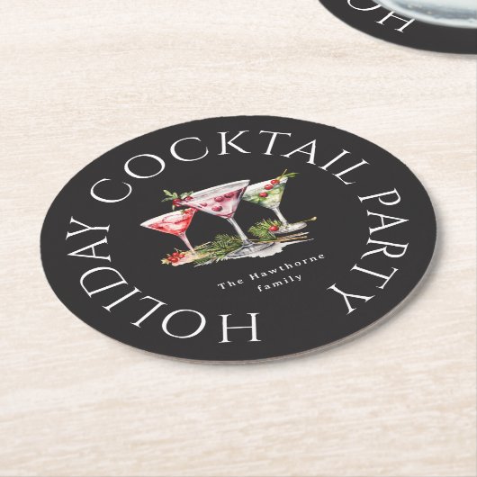 クリスマスカクテルのエレガントパーティー ラウンドペーパーコースター (アングル)