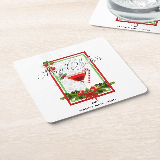クリスマスカクテルウォーターカラーアート スクエアペーパーコースター (アングル)