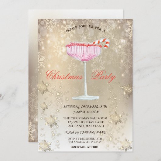 クリスマスカクテルスノーフレーク金ゴールドクリスマス 招待状 (正面/裏面)
