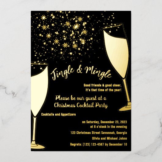 クリスマスカクテルパーティの招待状金ゴールドとブラック 箔シーズンカード (正面)
