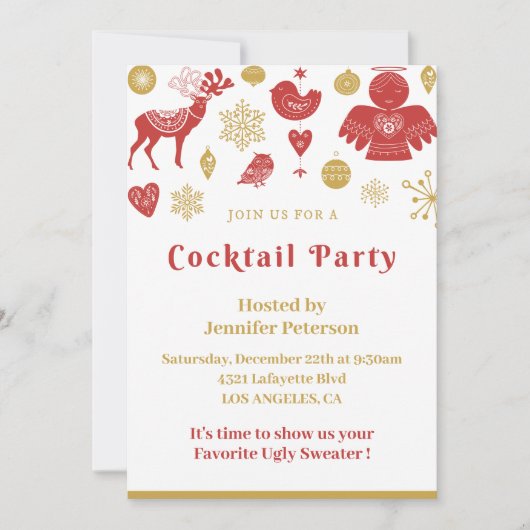 クリスマスカクテルパーティー招待状金ゴールドレッドノルディック 招待状 (正面)