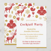 クリスマスカクテルパーティー招待状金ゴールドレッドノルディック 招待状 (正面/裏面)