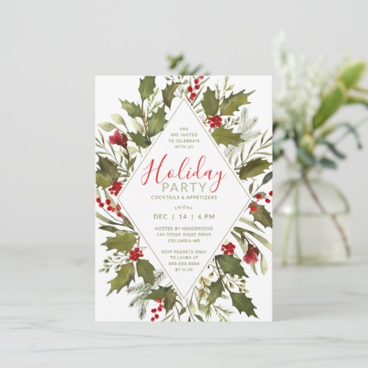 クリスマスカクテルパーティー水彩ヴィンテージホリー 招待状 (スタンド正面)