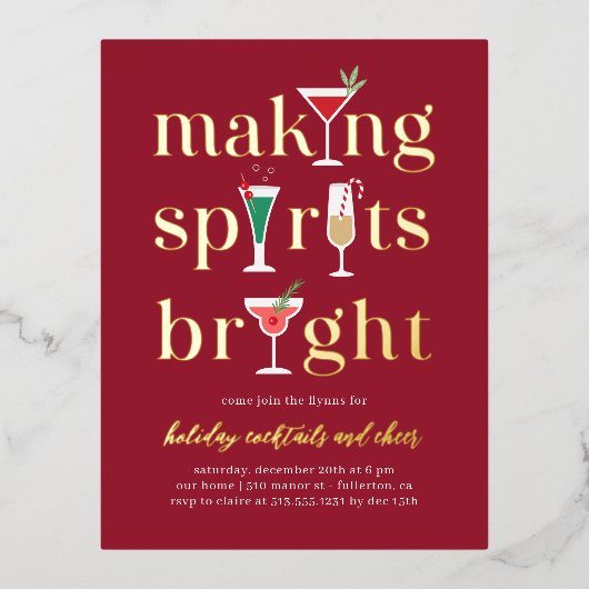 クリスマスカクテルホイルホリデーパーティー葉書 箔招待状ポストカード (正面)