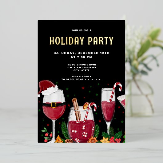 クリスマスカクテルホリデーパーティー実在金ゴールド 箔招待状 (立ち正面)